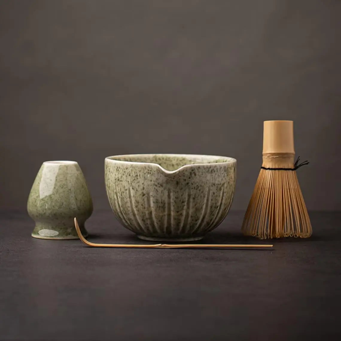 Matcha Set by TANG PIN - Match Bowl with Spout and Whisk, 15 OZ, Matcha Scoop | Matcha Whisk Stand (Chasen Holder) - 4pc Perfect Matcha Kit for Matcha Tea Ceremony (Green) - Crema Peaks Coffee
