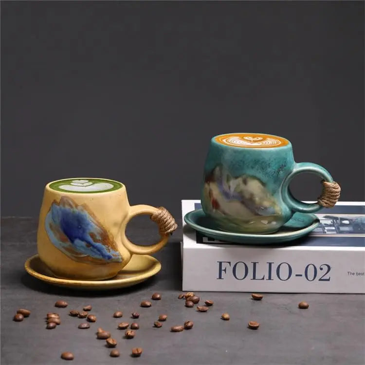 8oz Vintage Retro Japanese Style Handmade Ceramic Tea Cup and Saucer – Small Artisanal Mug with saucer set, Lead-Free Latte Art Mug, Handcrafted Pottery tea mug with handle,Teal Green - Crema Peaks Coffee