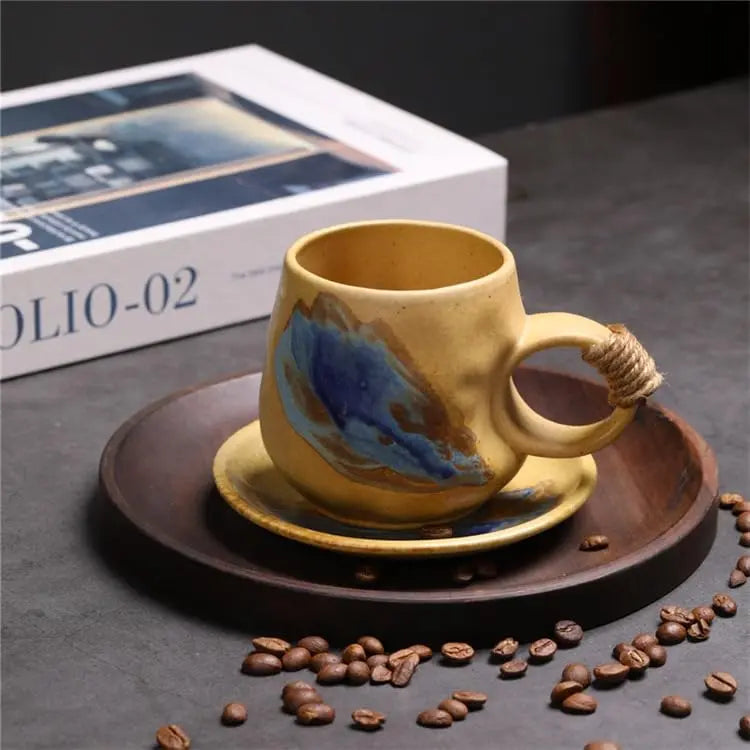 8oz Vintage Retro Japanese Style Handmade Ceramic Tea Cup and Saucer – Small Artisanal Mug with saucer set, Lead-Free Latte Art Mug, Handcrafted Pottery tea mug with handle,Teal Green - Crema Peaks Coffee