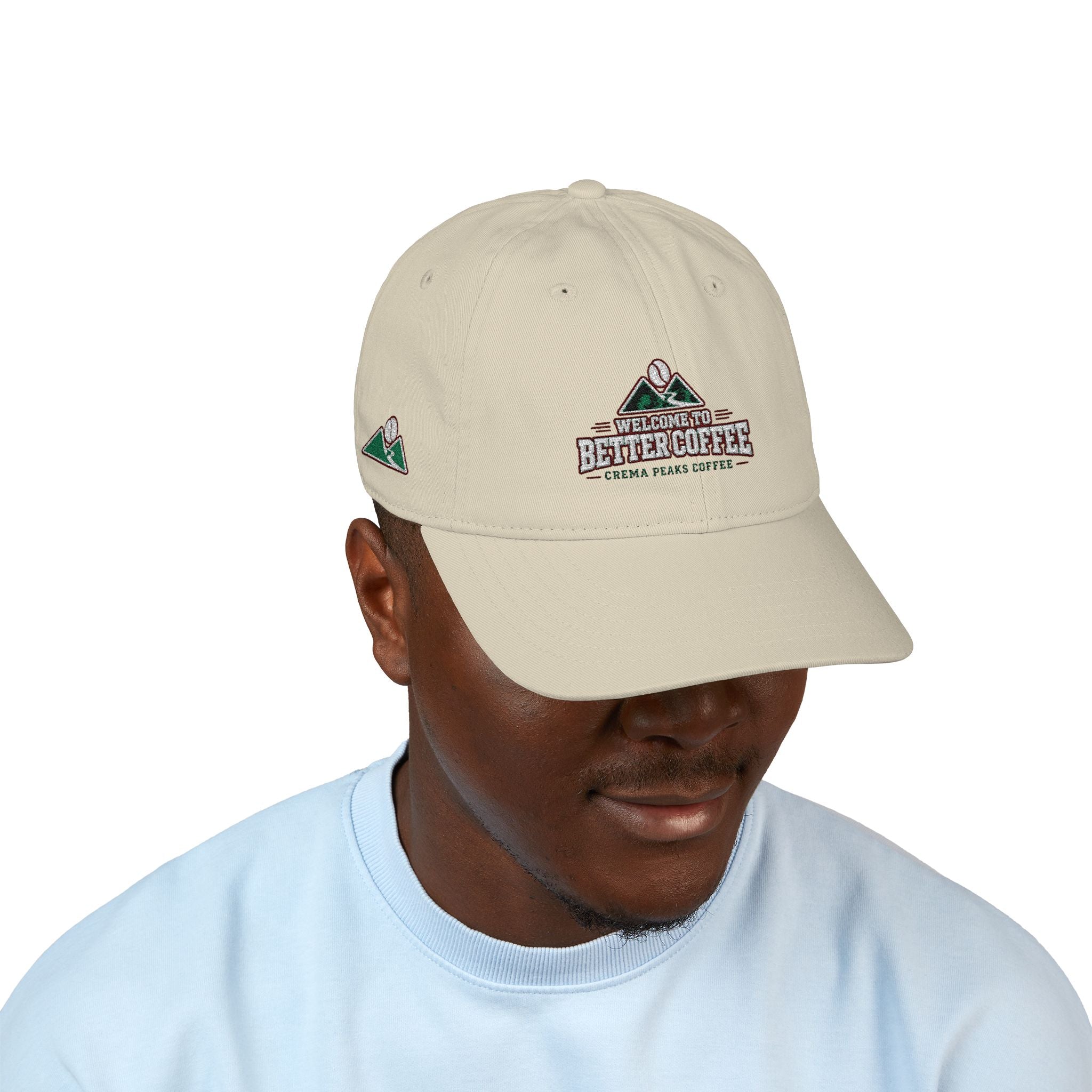 Crema Peaks Embroidered Baseball Cap — Organic Cotton Coffee Logo Hat