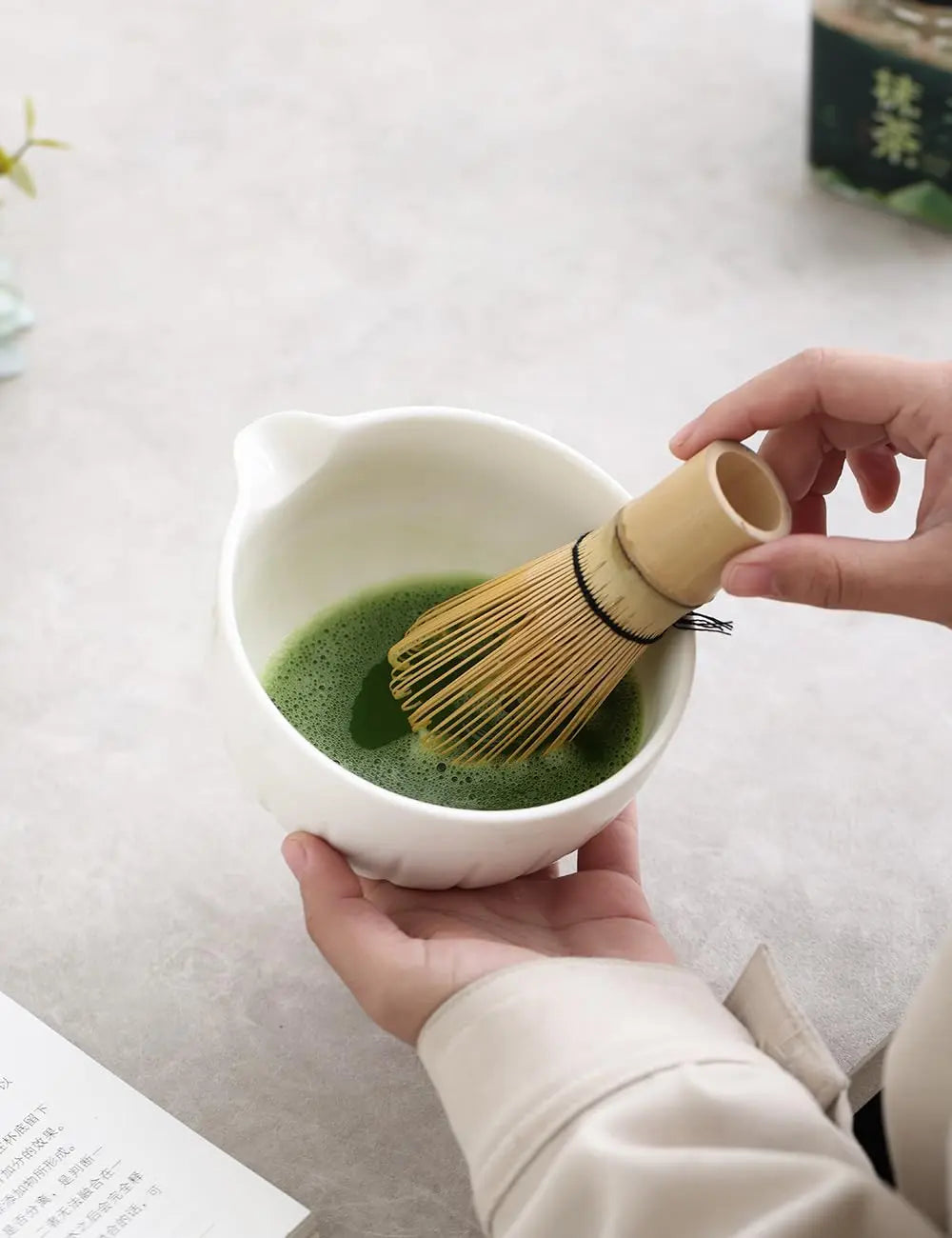 Matcha Set by TANG PIN - Match Bowl with Spout and Whisk, 15 OZ, Matcha Scoop | Matcha Whisk Stand (Chasen Holder) - 4pc Perfect Matcha Kit for Matcha Tea Ceremony (Green) - Crema Peaks Coffee