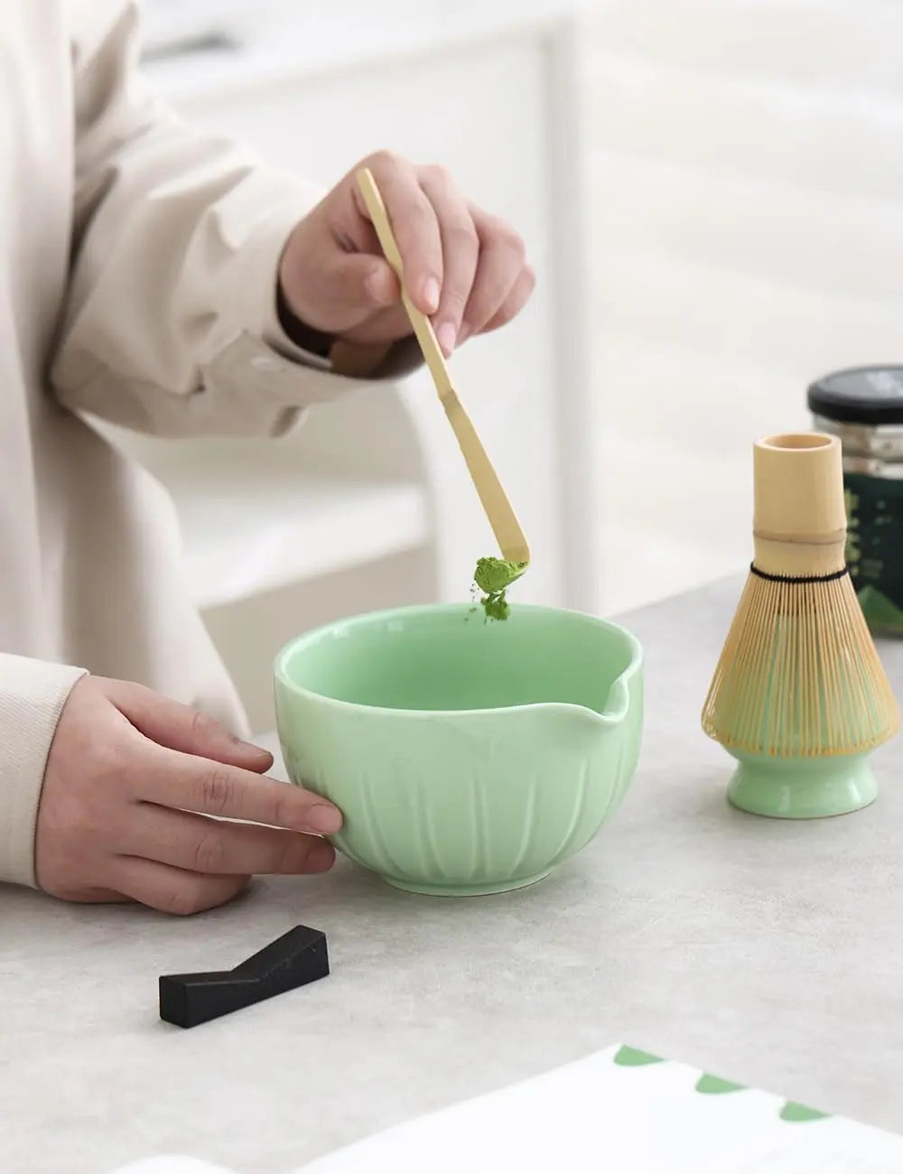 Matcha Set by TANG PIN - Match Bowl with Spout and Whisk, 15 OZ, Matcha Scoop | Matcha Whisk Stand (Chasen Holder) - 4pc Perfect Matcha Kit for Matcha Tea Ceremony (Green) - Crema Peaks Coffee