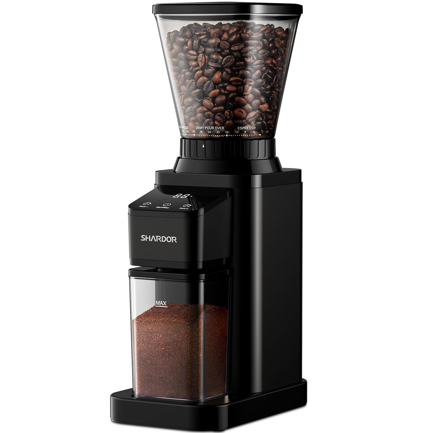 SHARDOR Professional Conical Burr Coffee Grinder, Coffee Bean Grinder with 48 Grind Settings for Espresso, Drip & French Press, Upgraded Anti-Static Technology, Precision Timer, Stainless Steel - Crema Peaks Coffee