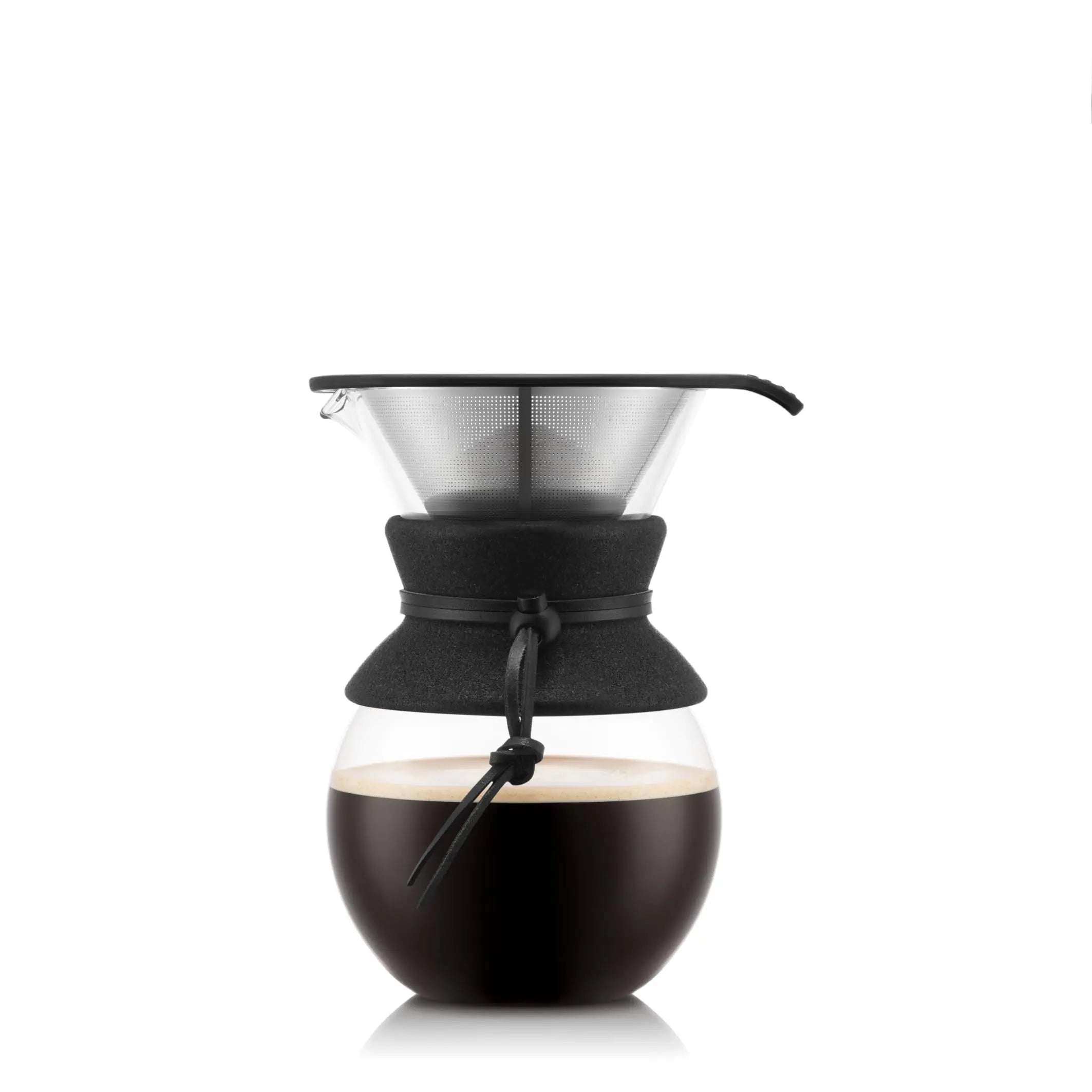 Bodum 34oz Pour Over Coffee Maker, High-Heat Borosilicate Glass with Reusable Stainless Steel Filter and Cork Grip - Made in Portugal - Crema Peaks Coffee