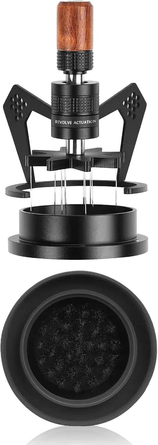 WDT Distribution Tool with Clean Brush, 58.5mm Espresso Stirrer Distribution Tool for Barista, 8 Needle Espresso Stirrer with Dosing Funnel & Stand, Adjustable Needle Height, Walnut Handle, IKAPE Mantis - Crema Peaks Coffee