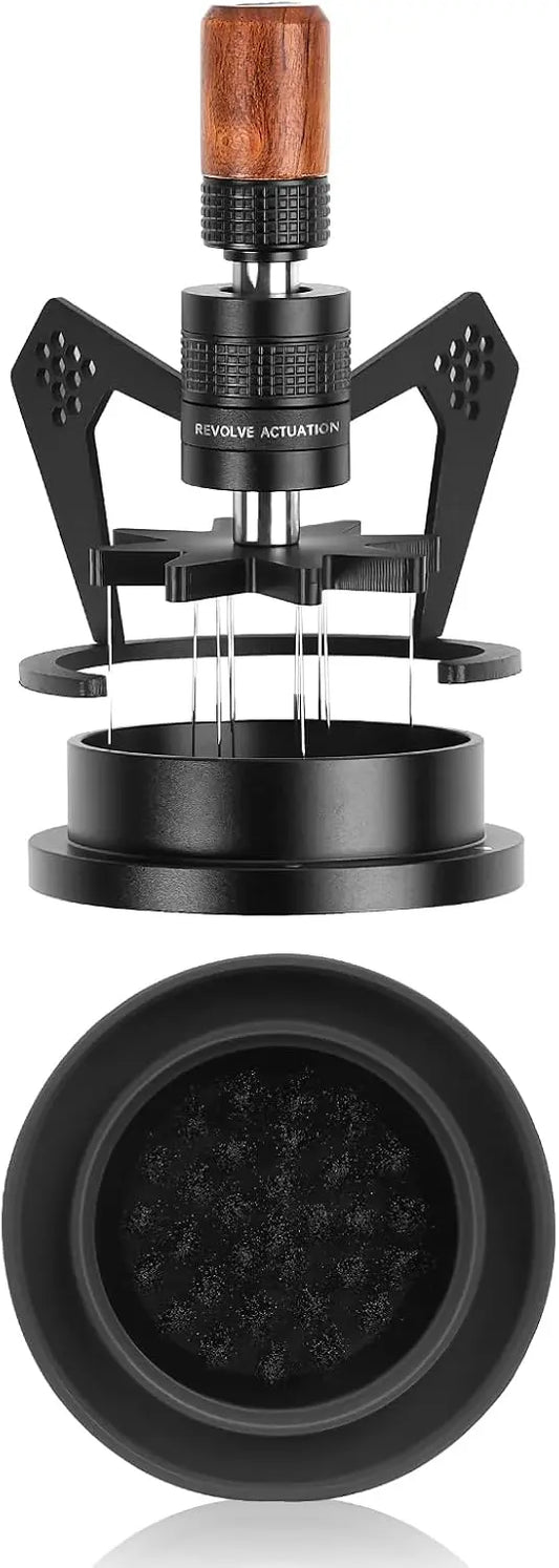 WDT Distribution Tool with Clean Brush, 58.5mm Espresso Stirrer Distribution Tool for Barista, 8 Needle Espresso Stirrer with Dosing Funnel & Stand, Adjustable Needle Height, Walnut Handle, IKAPE Mantis - Crema Peaks Coffee