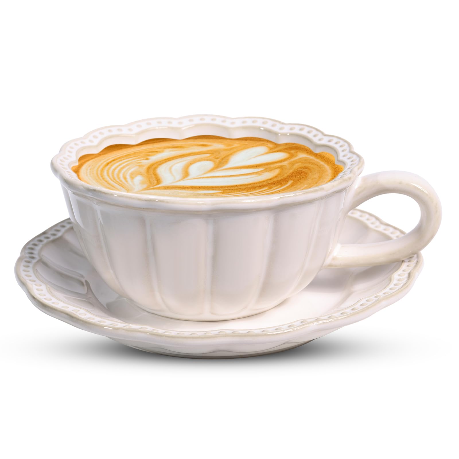 12 OZ Latte Cup with Saucer, Cappuccino Cup Vintage Cafe Art Cups for Espresso Turkish Coffee, Farmhouse Latte Mugs Tea Cups and Saucers Porcelain Set for Christmas Thanksgiving Day Gift - Crema Peaks Coffee
