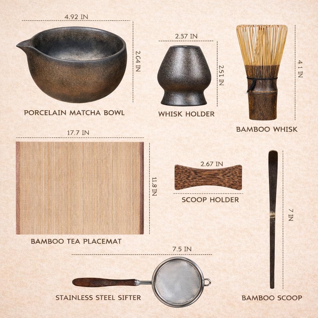 7-Piece Matcha Set with Ceramic Matcha Bowl, Bamboo Whisk (Chasen) & Holder, Sifter, Tea Scoop & Rest, Special Bamboo Tea Mat - Perfect Matcha Kit for Matcha Lovers & Gift Giving, Gilded