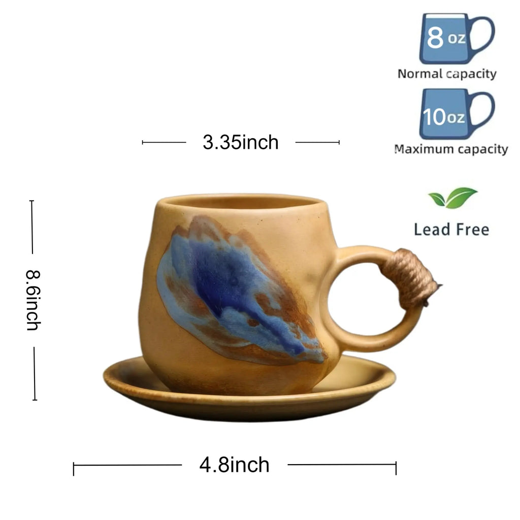 8oz Vintage Retro Japanese Style Handmade Ceramic Tea Cup and Saucer – Small Artisanal Mug with saucer set, Lead-Free Latte Art Mug, Handcrafted Pottery tea mug with handle,Teal Green - Crema Peaks Coffee