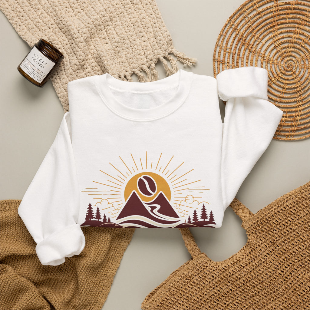 Coffee Adventure Sweatshirt — "30-Year Search for Great Coffee" Retro Mountain Crewneck