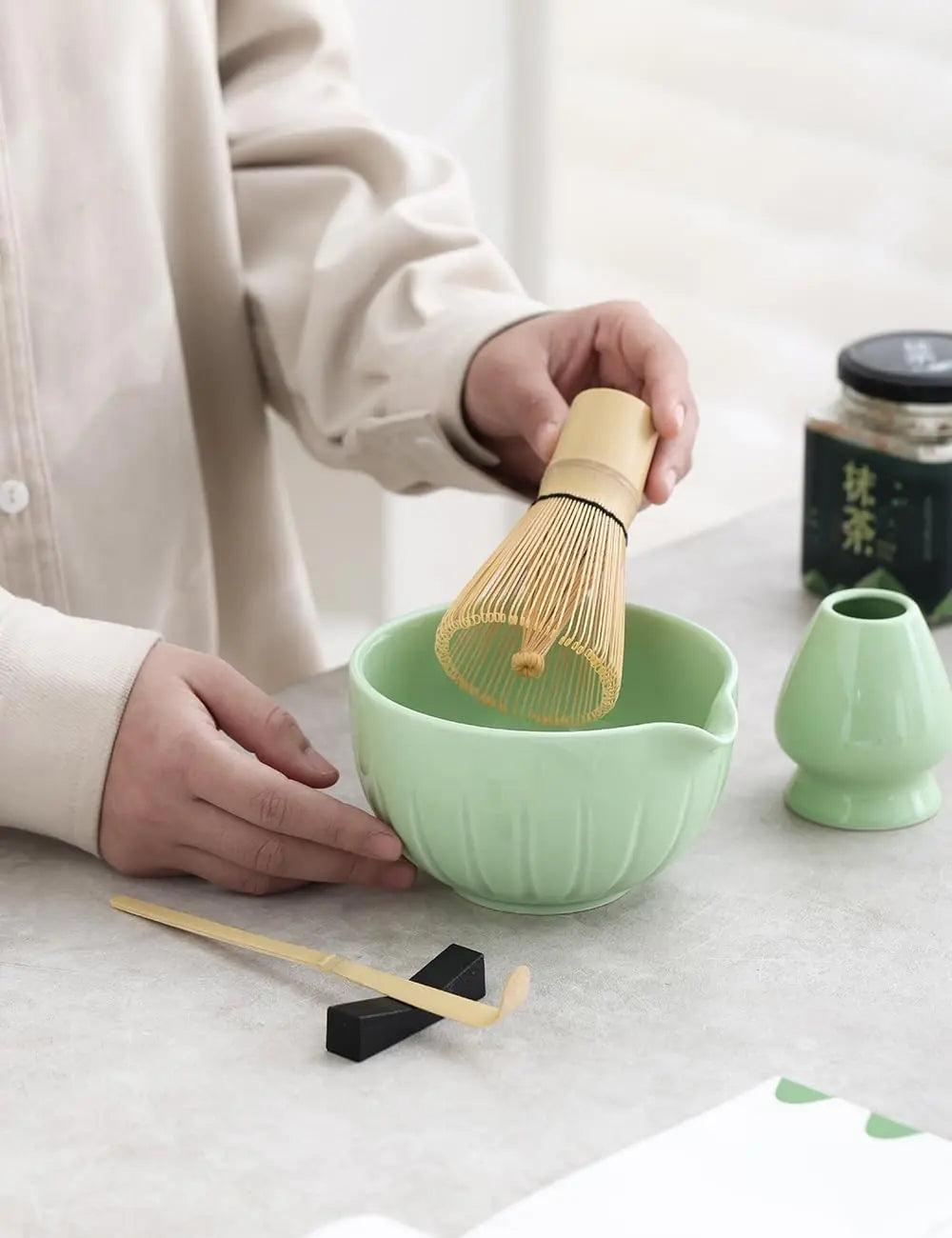 Matcha Set by TANG PIN - Match Bowl with Spout and Whisk, 15 OZ, Matcha Scoop | Matcha Whisk Stand (Chasen Holder) - 4pc Perfect Matcha Kit for Matcha Tea Ceremony (Green) - Crema Peaks Coffee