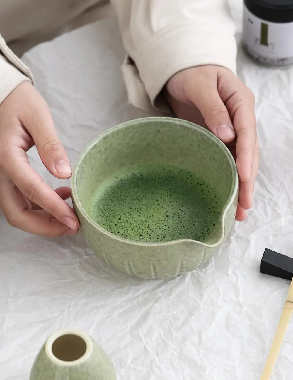 Matcha Set by TANG PIN - Match Bowl with Spout and Whisk, 15 OZ, Matcha Scoop | Matcha Whisk Stand (Chasen Holder) - 4pc Perfect Matcha Kit for Matcha Tea Ceremony (Green) - Crema Peaks Coffee