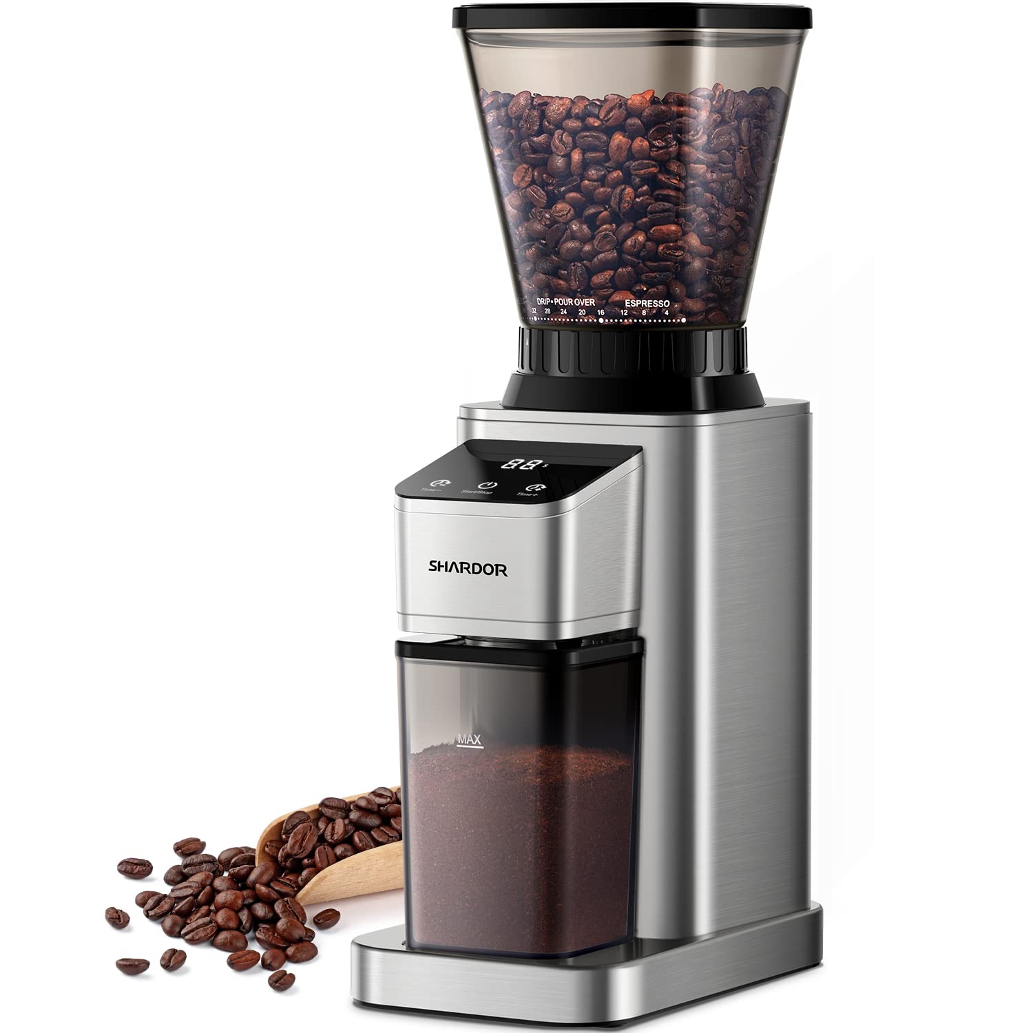 SHARDOR Professional Conical Burr Coffee Grinder, Coffee Bean Grinder with 48 Grind Settings for Espresso, Drip & French Press, Upgraded Anti-Static Technology, Precision Timer, Stainless Steel - Crema Peaks Coffee