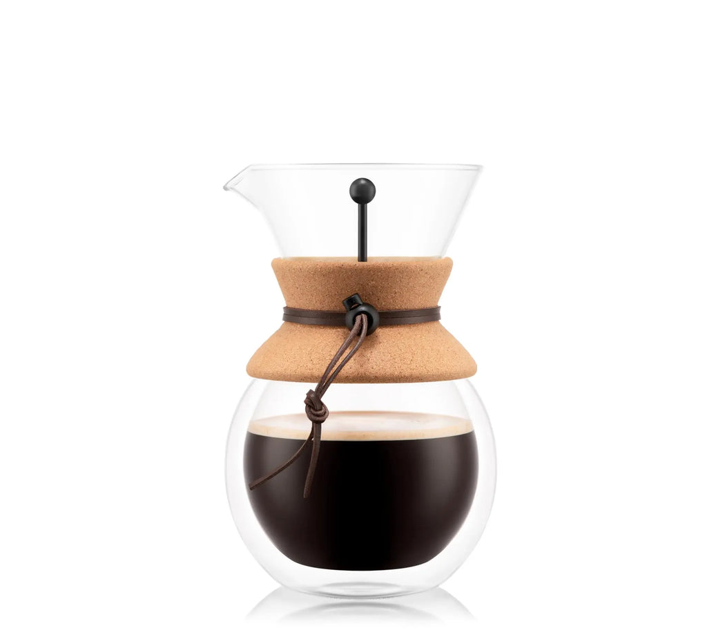 Bodum 34oz Pour Over Coffee Maker, High-Heat Borosilicate Glass with Reusable Stainless Steel Filter and Cork Grip - Made in Portugal - Crema Peaks Coffee
