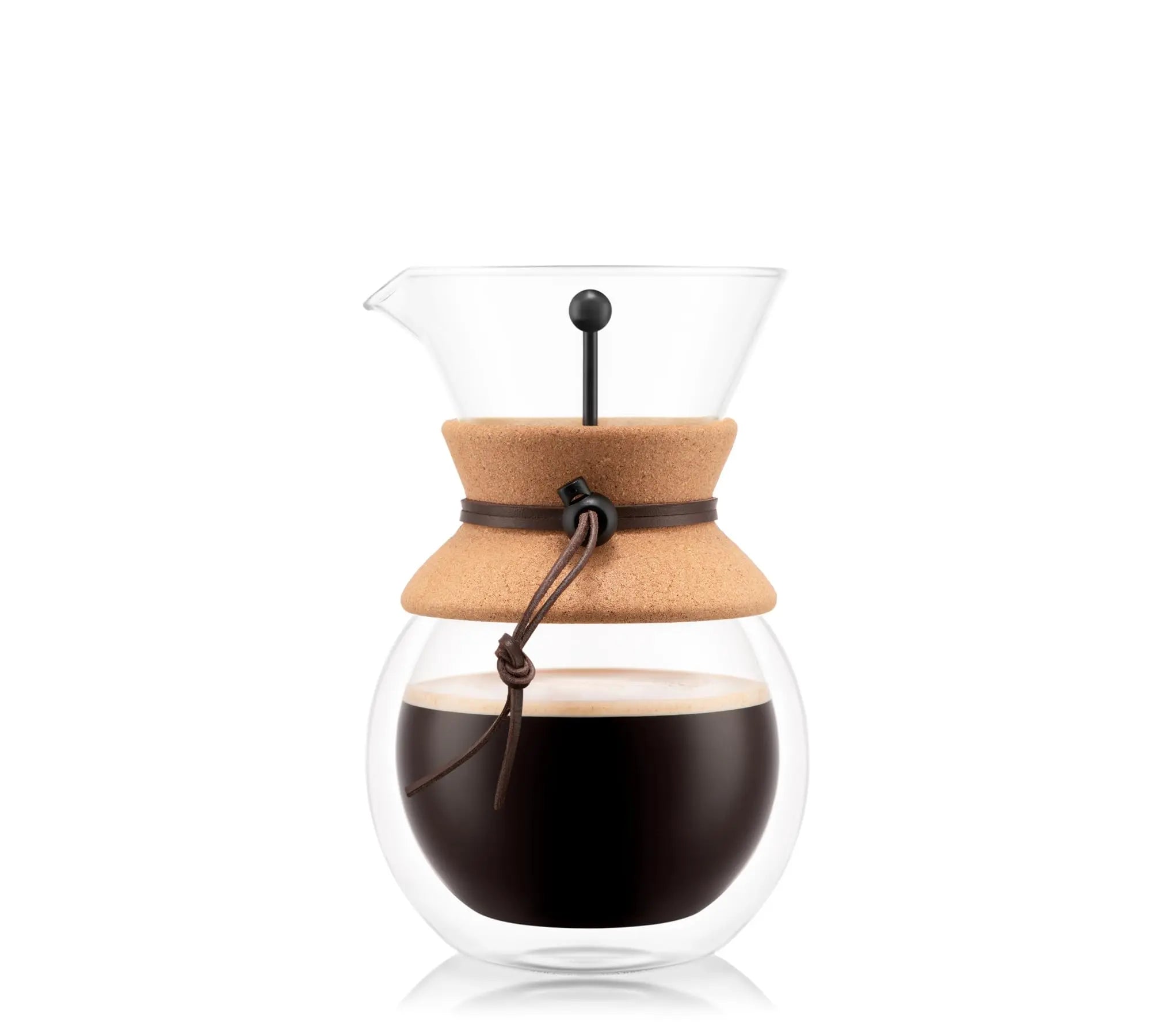 Bodum 34oz Pour Over Coffee Maker, High-Heat Borosilicate Glass with Reusable Stainless Steel Filter and Cork Grip - Made in Portugal - Crema Peaks Coffee