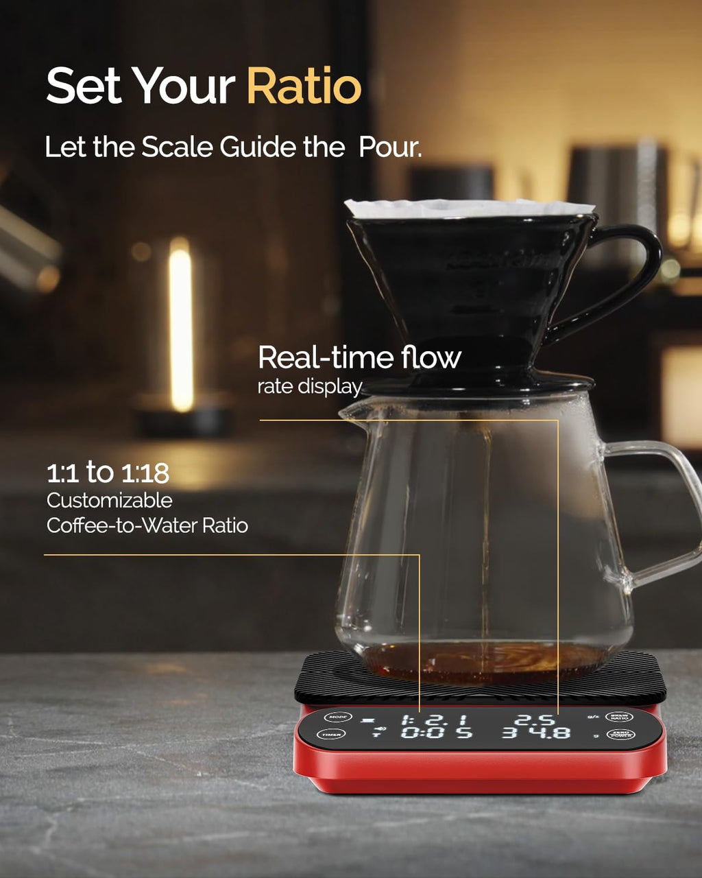 Maestri House S3 Coffee Scale with Timer, 3kg/0.1g Rechargeable Digital Scale, 3 Brew Modes, Adjustable Ratios & Flow Rate Display, Barista-Grade for Pour-Over, Espresso, French Press – Black - Crema Peaks Coffee