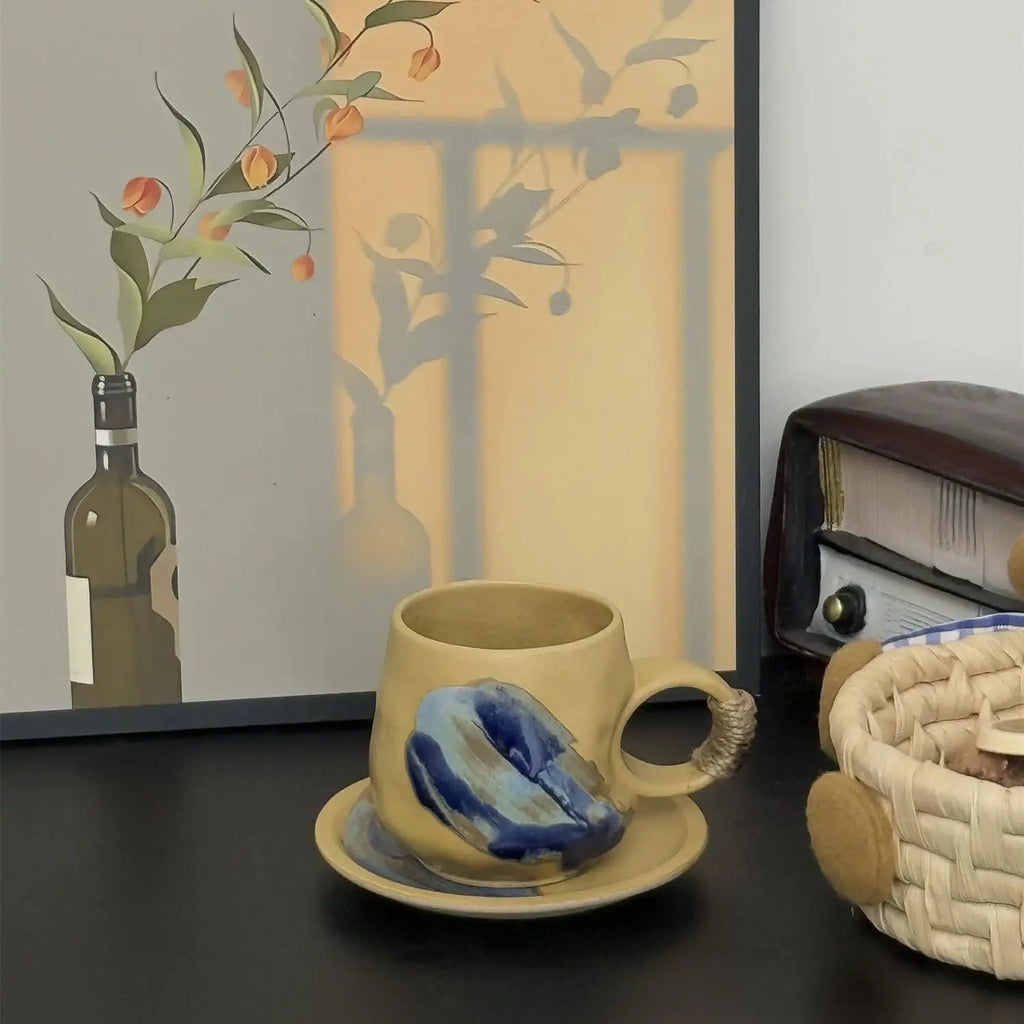 8oz Vintage Retro Japanese Style Handmade Ceramic Tea Cup and Saucer – Small Artisanal Mug with saucer set, Lead-Free Latte Art Mug, Handcrafted Pottery tea mug with handle,Teal Green - Crema Peaks Coffee
