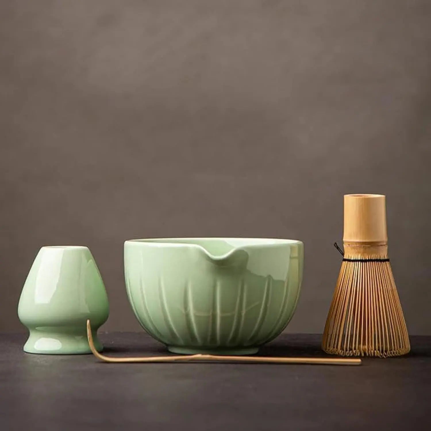 Matcha Set by TANG PIN - Match Bowl with Spout and Whisk, 15 OZ, Matcha Scoop | Matcha Whisk Stand (Chasen Holder) - 4pc Perfect Matcha Kit for Matcha Tea Ceremony (Green) - Crema Peaks Coffee