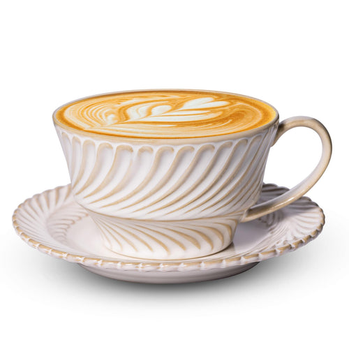 12 OZ Latte Cup with Saucer, Cappuccino Cup Vintage Cafe Art Cups for Espresso Turkish Coffee, Farmhouse Latte Mugs Tea Cups and Saucers Porcelain Set for Christmas Thanksgiving Day Gift - Crema Peaks Coffee