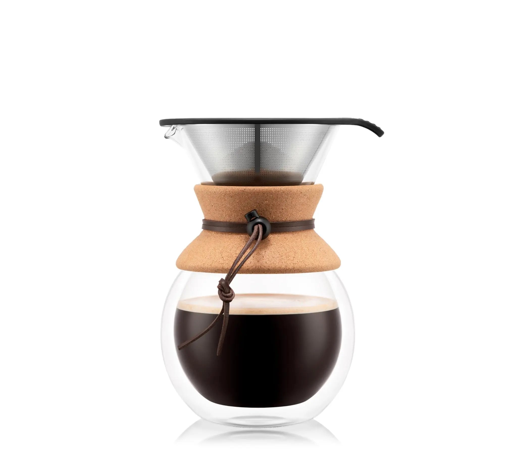 Bodum 34oz Pour Over Coffee Maker, High-Heat Borosilicate Glass with Reusable Stainless Steel Filter and Cork Grip - Made in Portugal - Crema Peaks Coffee