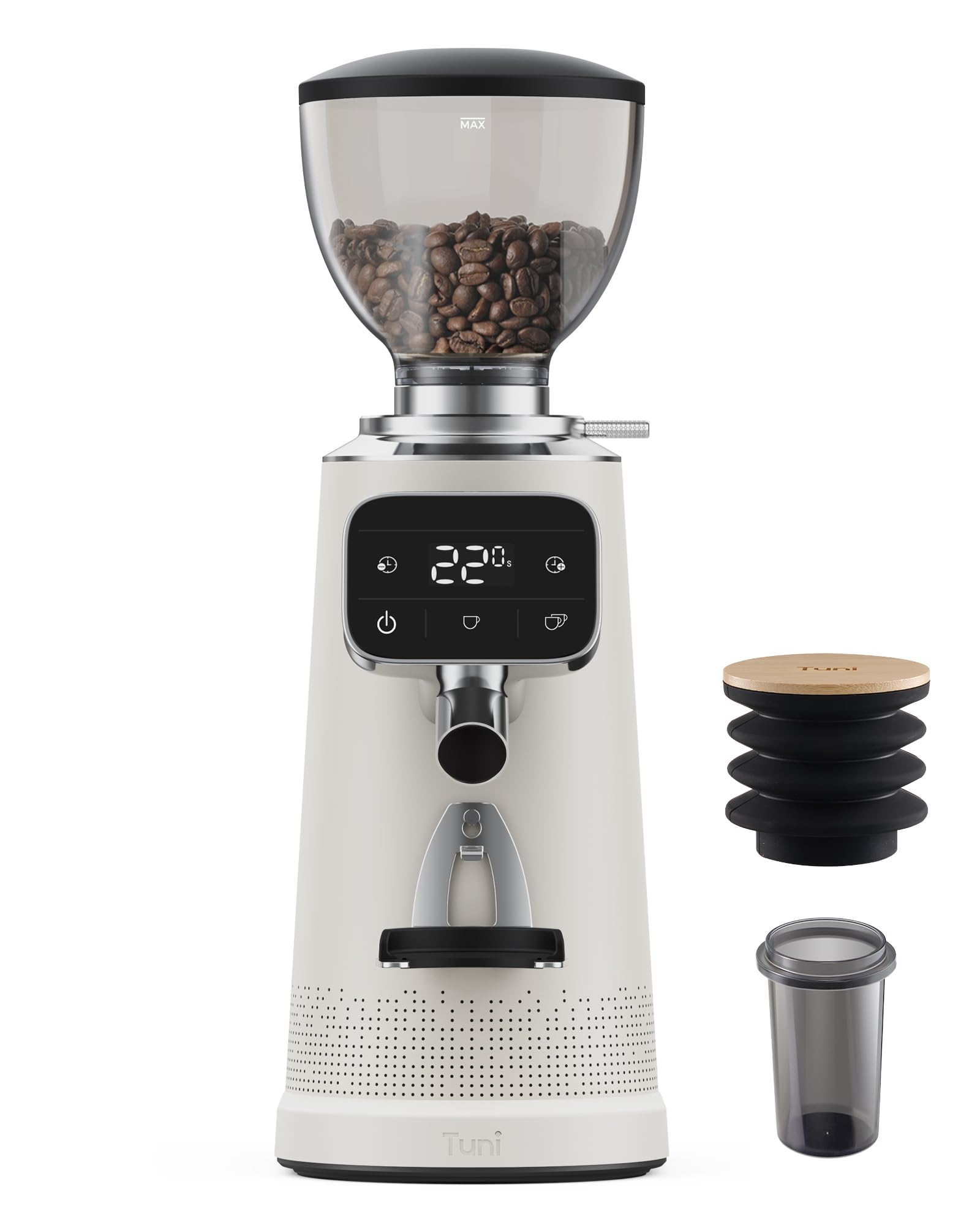 Tuni G3 coffee grinder 64mm Flat Burr Coffee Grinder, 100 Grind Settings Electric Espresso Grinder with Single Dose Set | Commercial Grade Precision, Touchscreen | Anti-Static Tech | Stainless Steel (Ivory) - Crema Peaks Coffee