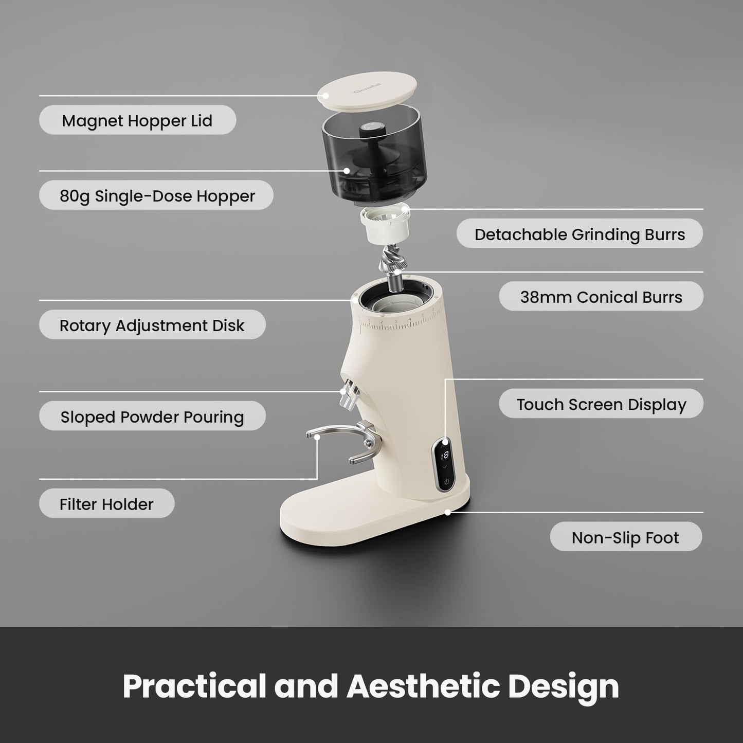 Gemilai Electric Conical Burr Coffee Grinder, Coffee Bean Grinder with Smart 60S Timer, 60 Precise Adjustable Grind Settings for Espresso, 2-12 Cup, Easy to Clean, Durable & Quiet, G9010B White