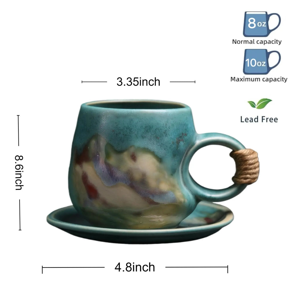 8oz Vintage Retro Japanese Style Handmade Ceramic Tea Cup and Saucer – Small Artisanal Mug with saucer set, Lead-Free Latte Art Mug, Handcrafted Pottery tea mug with handle,Teal Green - Crema Peaks Coffee