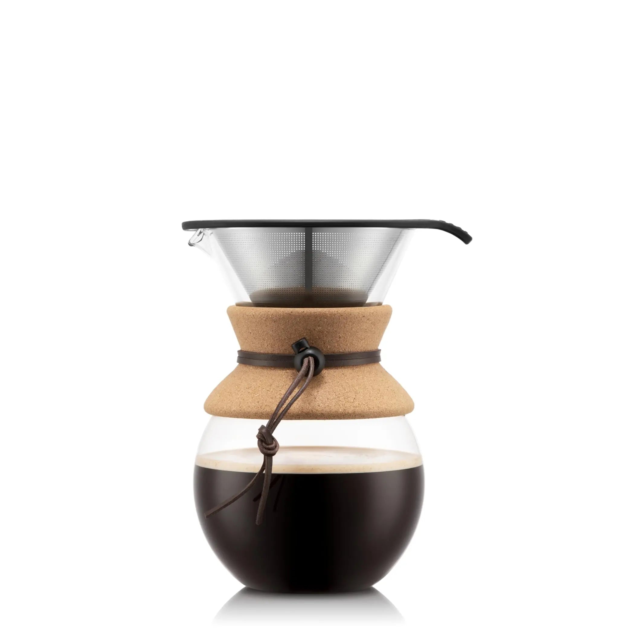 Bodum 34oz Pour Over Coffee Maker, High-Heat Borosilicate Glass with Reusable Stainless Steel Filter and Cork Grip - Made in Portugal - Crema Peaks Coffee