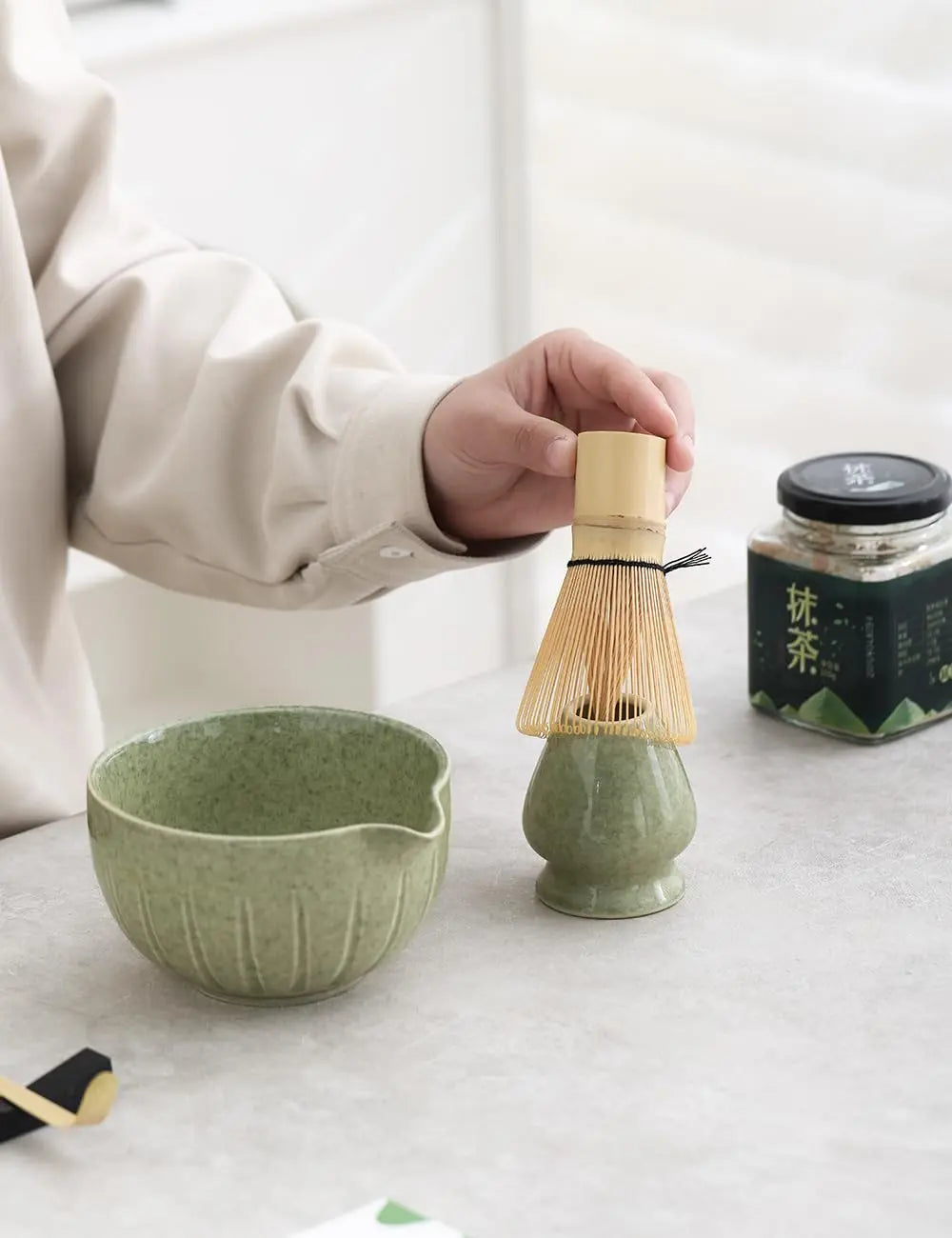 Matcha Set by TANG PIN - Match Bowl with Spout and Whisk, 15 OZ, Matcha Scoop | Matcha Whisk Stand (Chasen Holder) - 4pc Perfect Matcha Kit for Matcha Tea Ceremony (Green) - Crema Peaks Coffee
