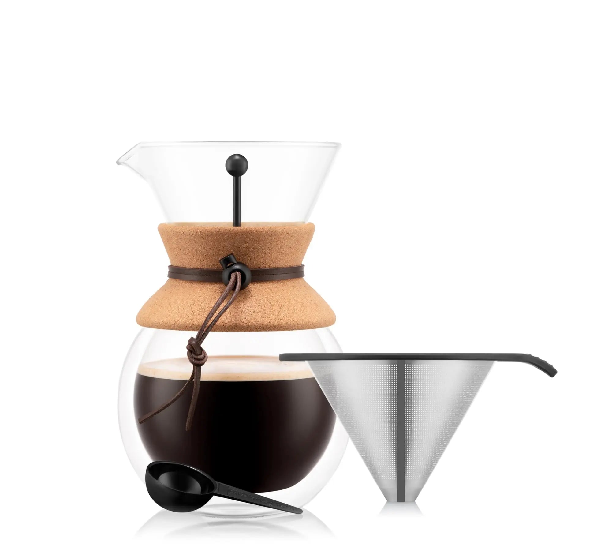 Bodum 34oz Pour Over Coffee Maker, High-Heat Borosilicate Glass with Reusable Stainless Steel Filter and Cork Grip - Made in Portugal - Crema Peaks Coffee