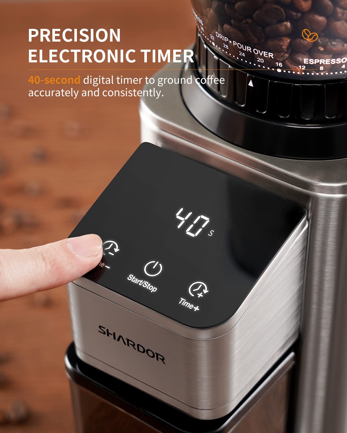 SHARDOR Professional Conical Burr Coffee Grinder, Coffee Bean Grinder with 48 Grind Settings for Espresso, Drip & French Press, Upgraded Anti-Static Technology, Precision Timer, Stainless Steel - Crema Peaks Coffee
