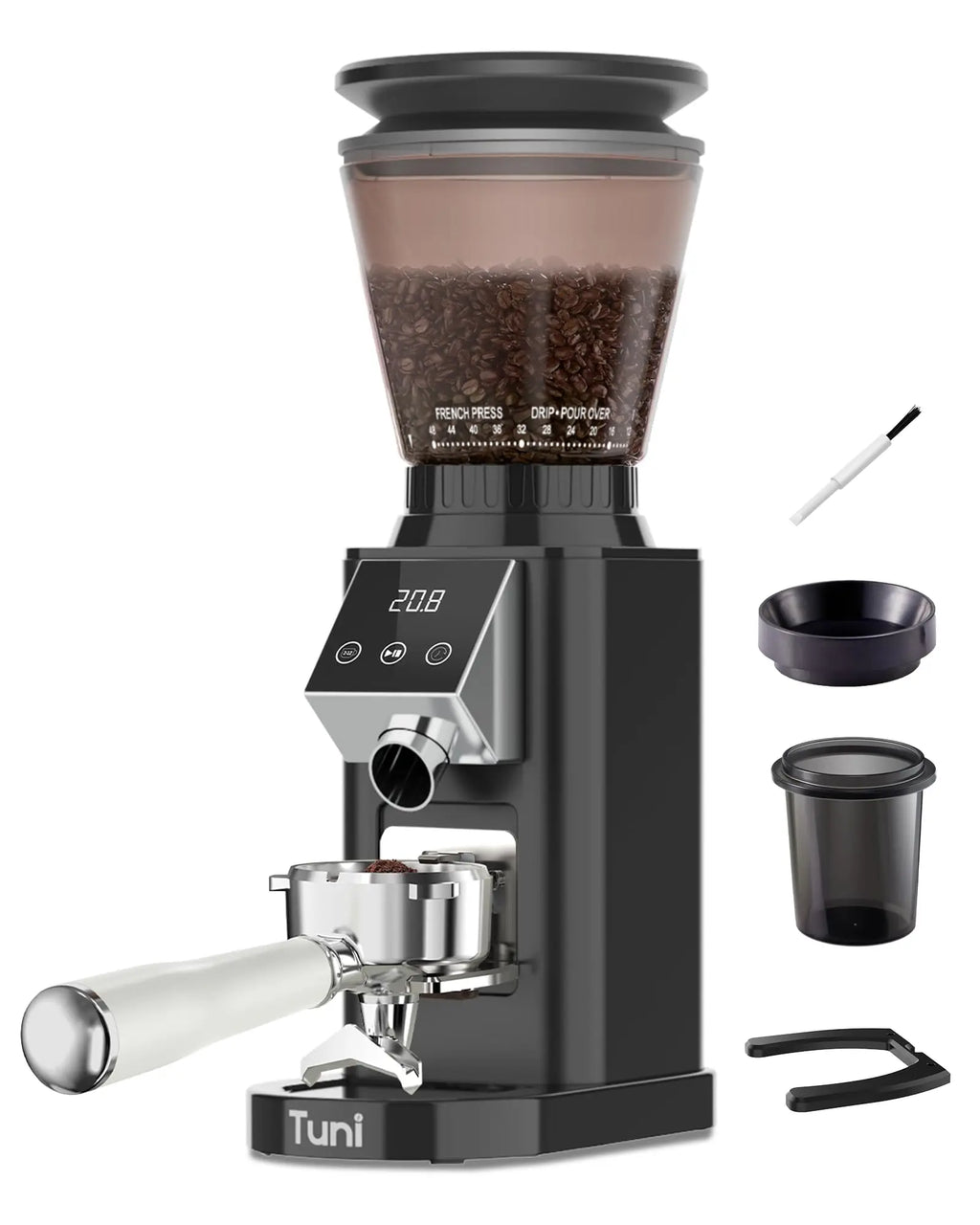 Tuni G1 Conical Burr Coffee Grinder, 48 Grind Settings Anti-static Burr Mill, Precision Electronic Timer and LED Touchscreen for Espresso/Drip/Cold Brew/French Press, Stainless Steel, Ivory - Crema Peaks Coffee