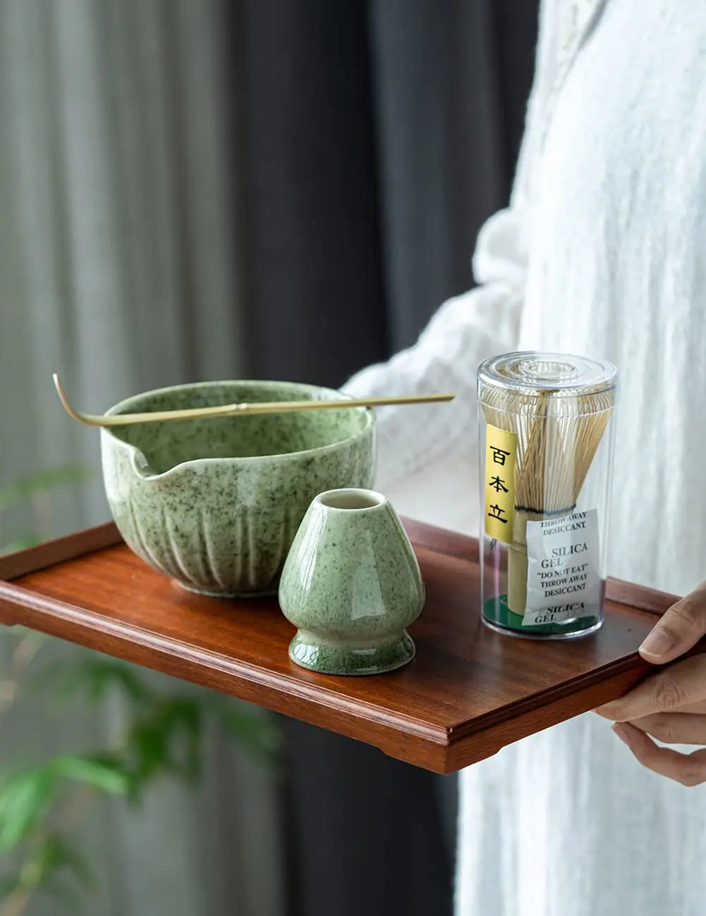 Matcha Set by TANG PIN - Match Bowl with Spout and Whisk, 15 OZ, Matcha Scoop | Matcha Whisk Stand (Chasen Holder) - 4pc Perfect Matcha Kit for Matcha Tea Ceremony (Green) - Crema Peaks Coffee
