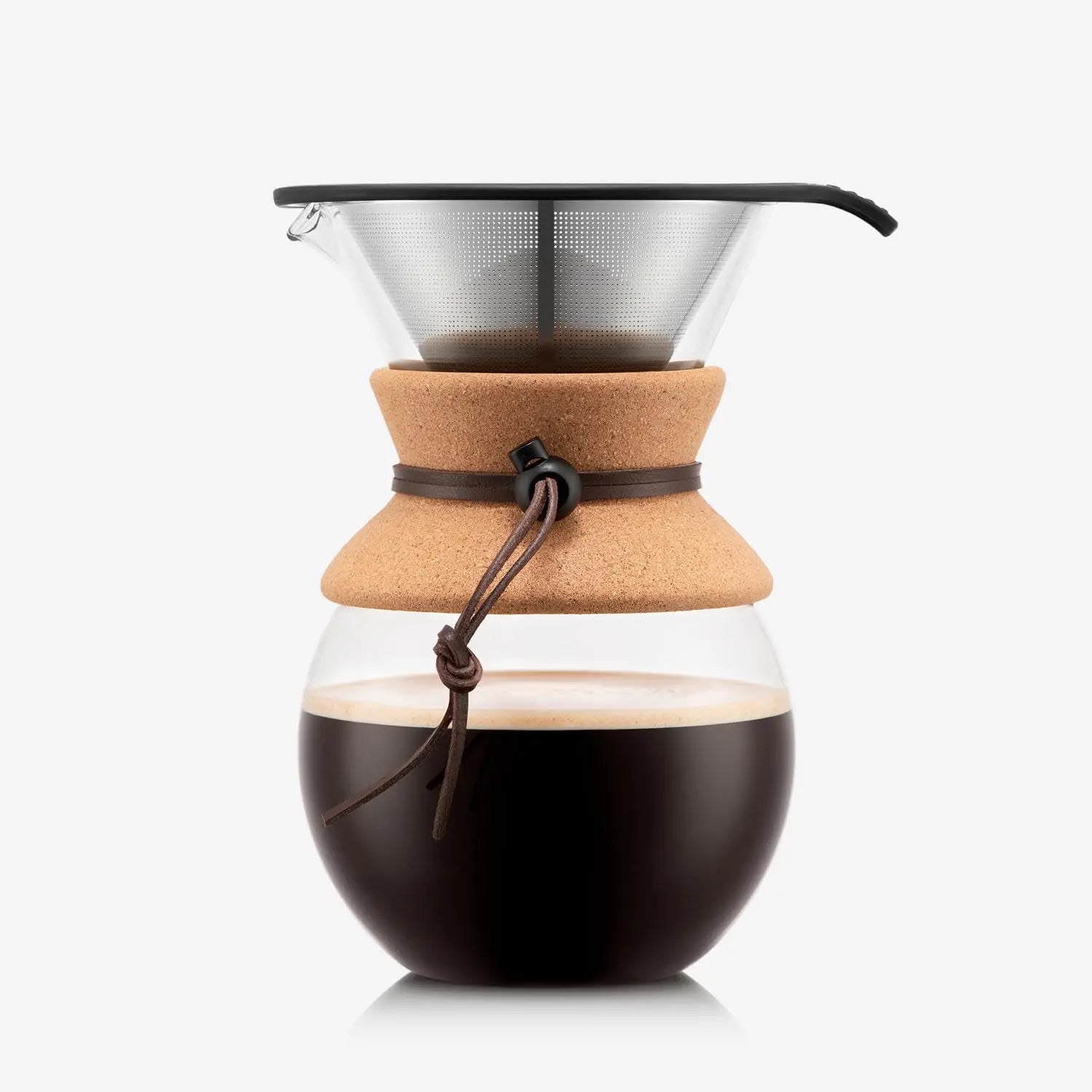 Bodum 34oz Pour Over Coffee Maker, High-Heat Borosilicate Glass with Reusable Stainless Steel Filter and Cork Grip - Made in Portugal - Crema Peaks Coffee