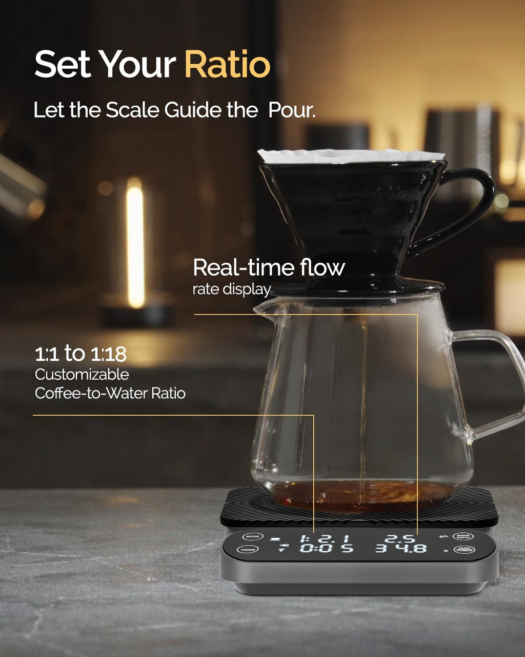 Maestri House S3 Coffee Scale with Timer, 3kg/0.1g Rechargeable Digital Scale, 3 Brew Modes, Adjustable Ratios & Flow Rate Display, Barista-Grade for Pour-Over, Espresso, French Press – Black - Crema Peaks Coffee