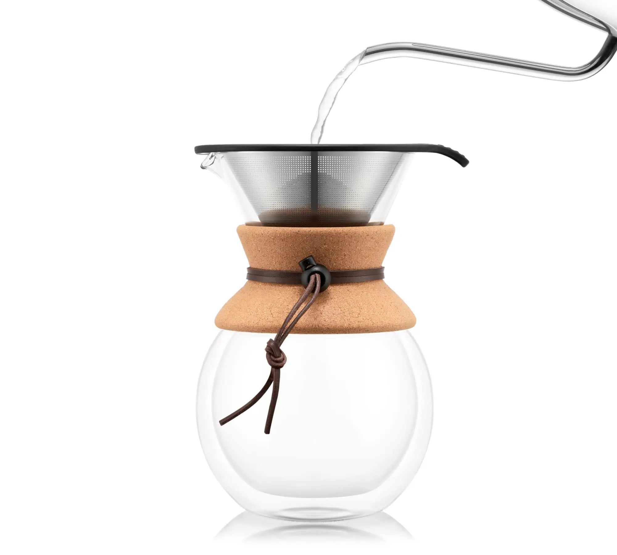 Bodum 34oz Pour Over Coffee Maker, High-Heat Borosilicate Glass with Reusable Stainless Steel Filter and Cork Grip - Made in Portugal - Crema Peaks Coffee