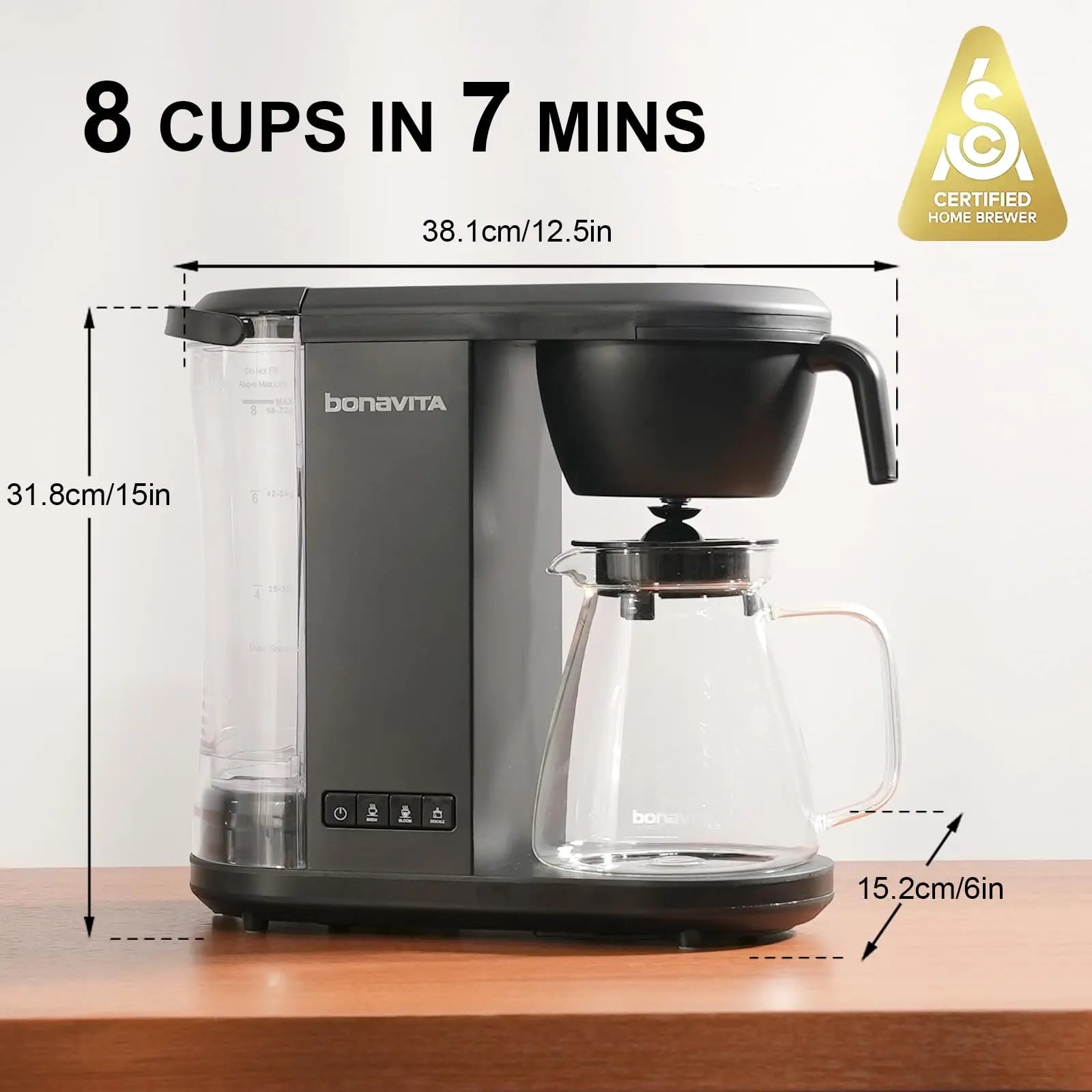 Bonavita Enthusiast 8 Cup Drip Coffee Brewer, Pour Over, SCA Certified Coffee Machine with Thermal Carafe, Stainless Steel Panel, Removable Reservoir - Crema Peaks Coffee