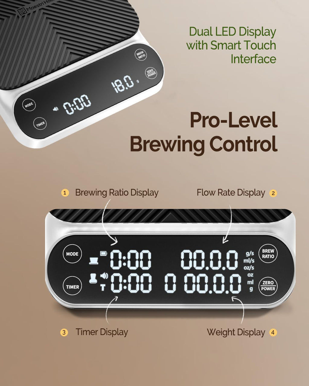 Maestri House S3 Coffee Scale with Timer, 3kg/0.1g Rechargeable Digital Scale, 3 Brew Modes, Adjustable Ratios & Flow Rate Display, Barista-Grade for Pour-Over, Espresso, French Press – Black - Crema Peaks Coffee