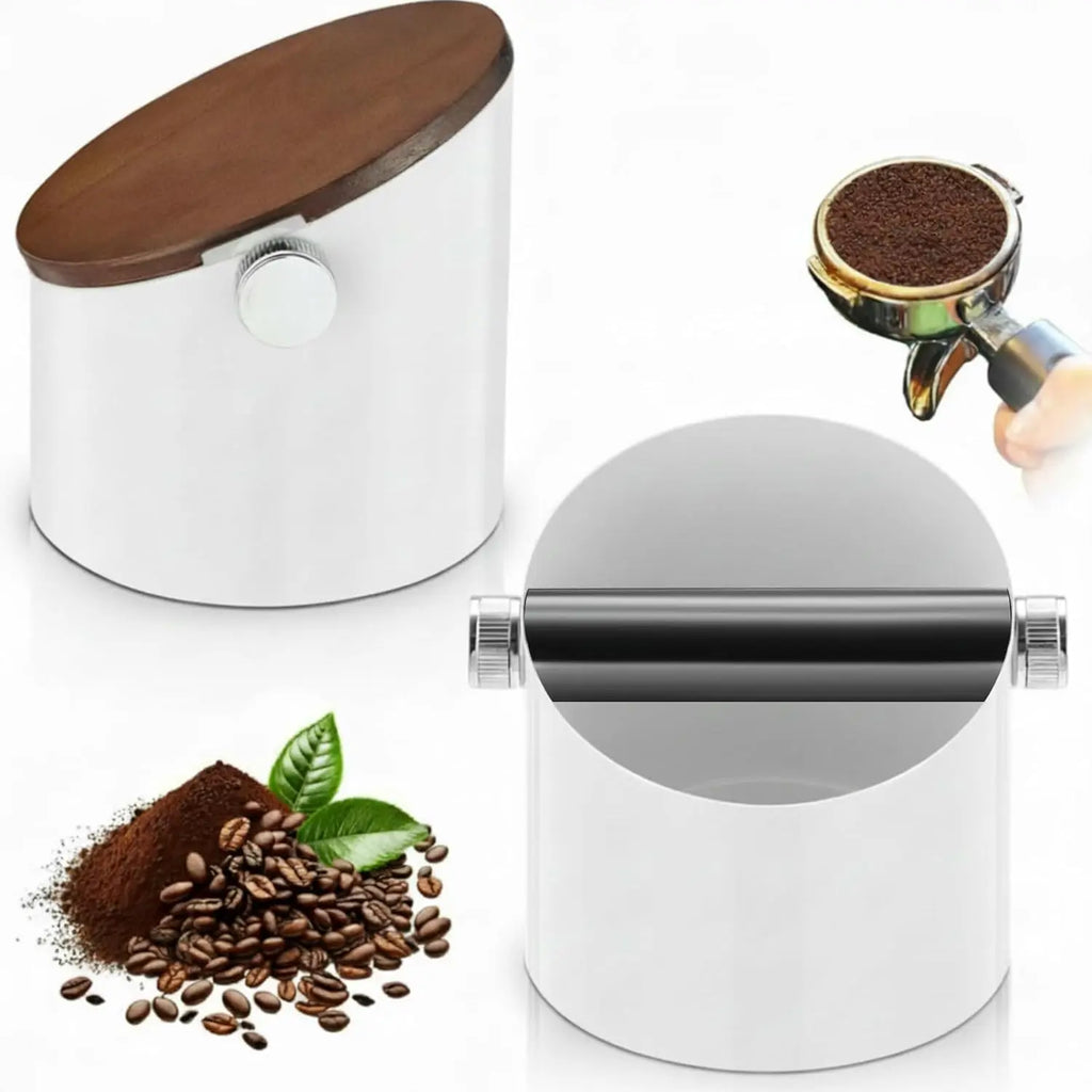 Espresso Knock Box with Walnut Lid for Coffee Grounds, Espresso Machine Accessory, Easy Disposal of Coffee Pucks, Removable Knock Bar(White,Round) - Crema Peaks Coffee