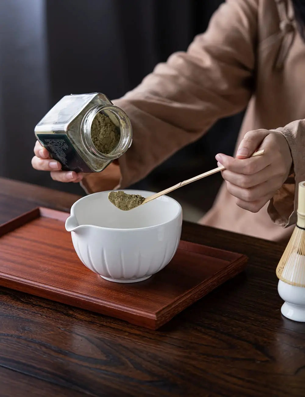 Matcha Set by TANG PIN - Match Bowl with Spout and Whisk, 15 OZ, Matcha Scoop | Matcha Whisk Stand (Chasen Holder) - 4pc Perfect Matcha Kit for Matcha Tea Ceremony (Green) - Crema Peaks Coffee
