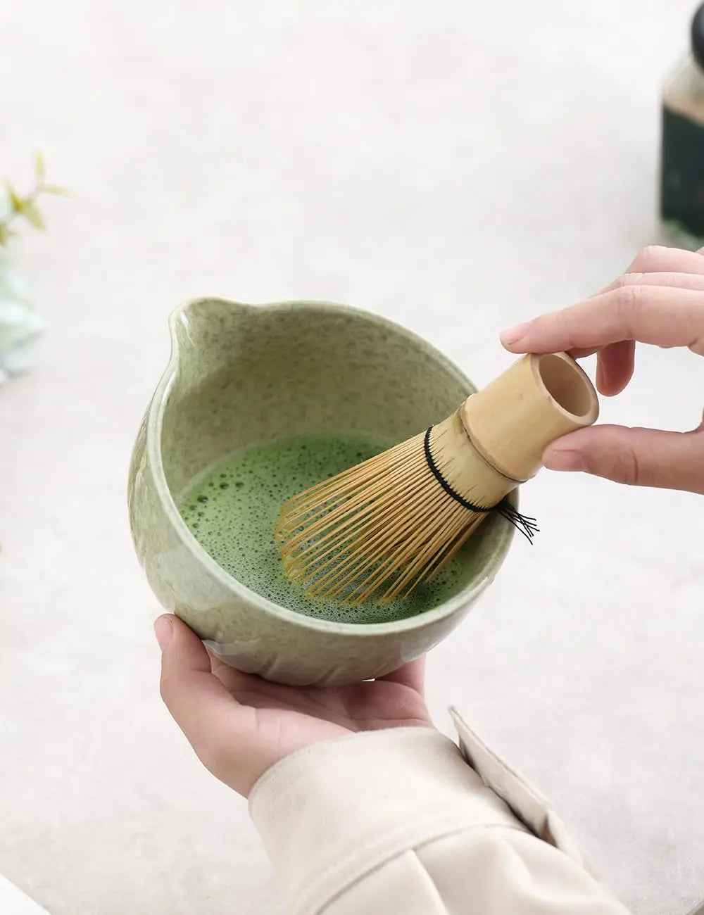 Matcha Set by TANG PIN - Match Bowl with Spout and Whisk, 15 OZ, Matcha Scoop | Matcha Whisk Stand (Chasen Holder) - 4pc Perfect Matcha Kit for Matcha Tea Ceremony (Green) - Crema Peaks Coffee