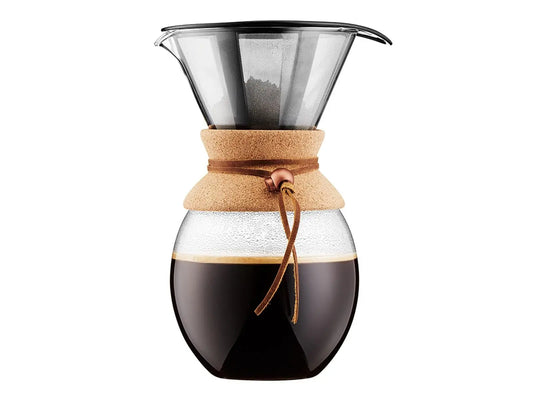 Bodum 34oz Pour Over Coffee Maker, High-Heat Borosilicate Glass with Reusable Stainless Steel Filter and Cork Grip - Made in Portugal - Crema Peaks Coffee