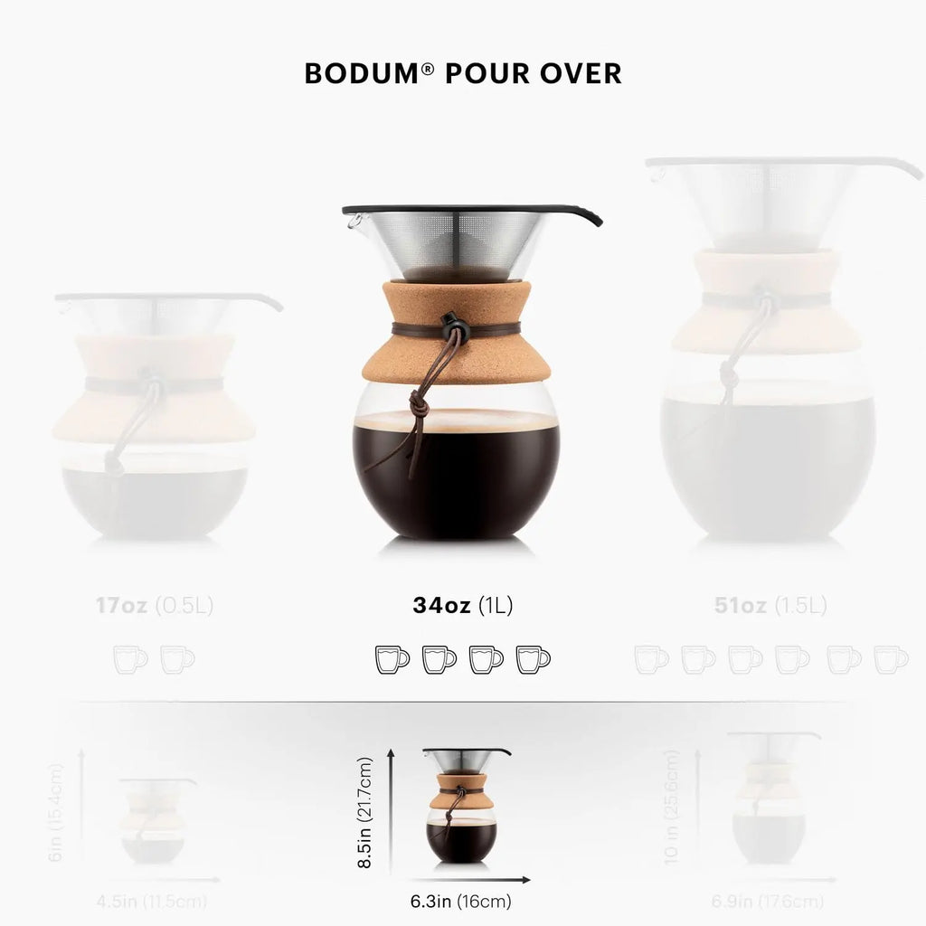 Bodum 34oz Pour Over Coffee Maker, High-Heat Borosilicate Glass with Reusable Stainless Steel Filter and Cork Grip - Made in Portugal - Crema Peaks Coffee