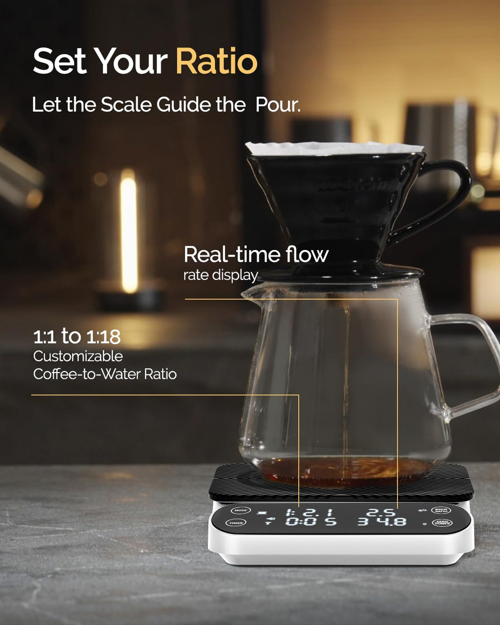 Maestri House S3 Coffee Scale with Timer, 3kg/0.1g Rechargeable Digital Scale, 3 Brew Modes, Adjustable Ratios & Flow Rate Display, Barista-Grade for Pour-Over, Espresso, French Press – Black - Crema Peaks Coffee