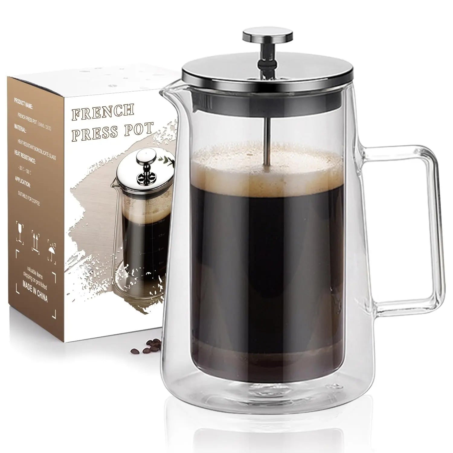 French Press Coffee Maker 22Oz - Double-Wall Insulated Borosilicate Glass - Ergonomic Handle - Coffee Gift - Tea & Coffee Press - Crema Peaks Coffee