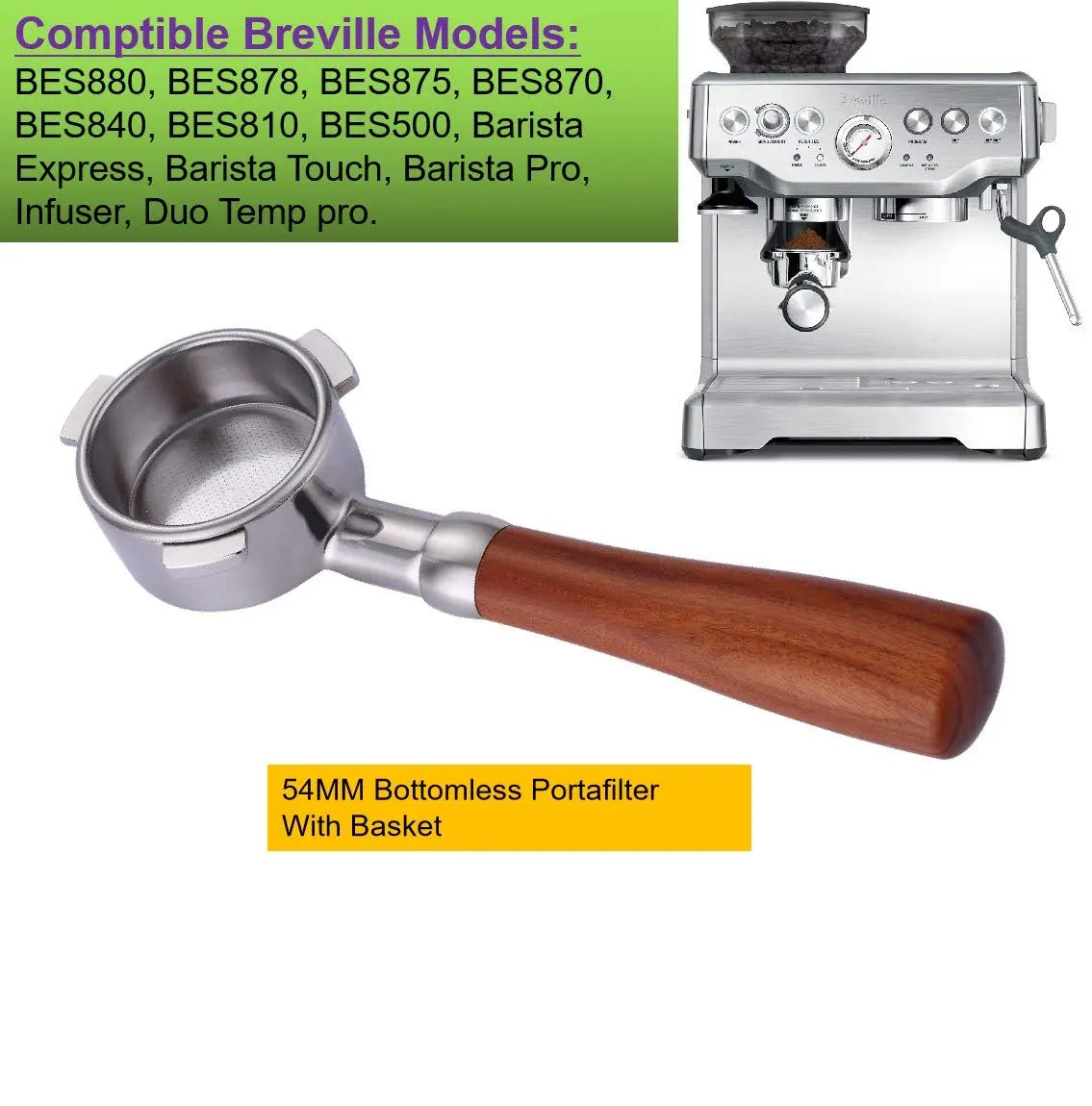 58mm Bottomless Portafilter Compatible with E61 Grouphead Flair 58, ECM, Rocket Espresso Machine Stainless Steel Naked Portafilter with Filter Basket Handle-Wooden, Rosewooden - Crema Peaks Coffee