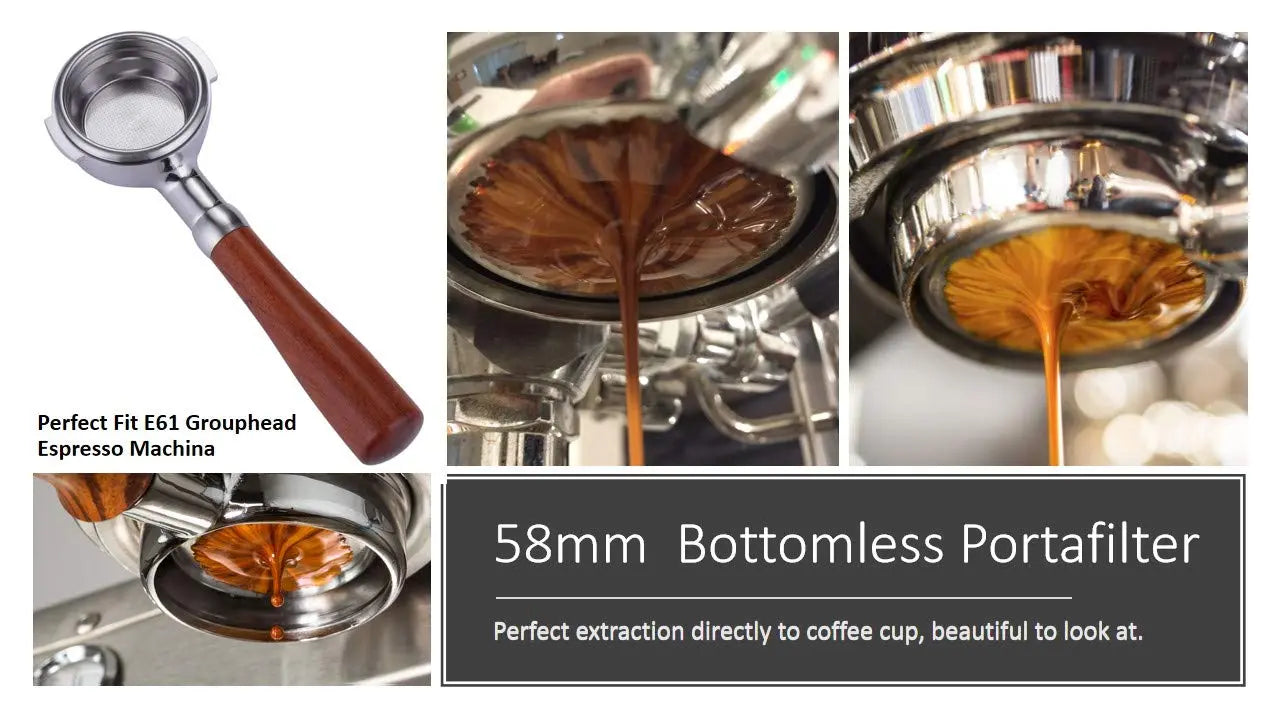 58mm Bottomless Portafilter Compatible with E61 Grouphead Flair 58, ECM, Rocket Espresso Machine Stainless Steel Naked Portafilter with Filter Basket Handle-Wooden, Rosewooden - Crema Peaks Coffee