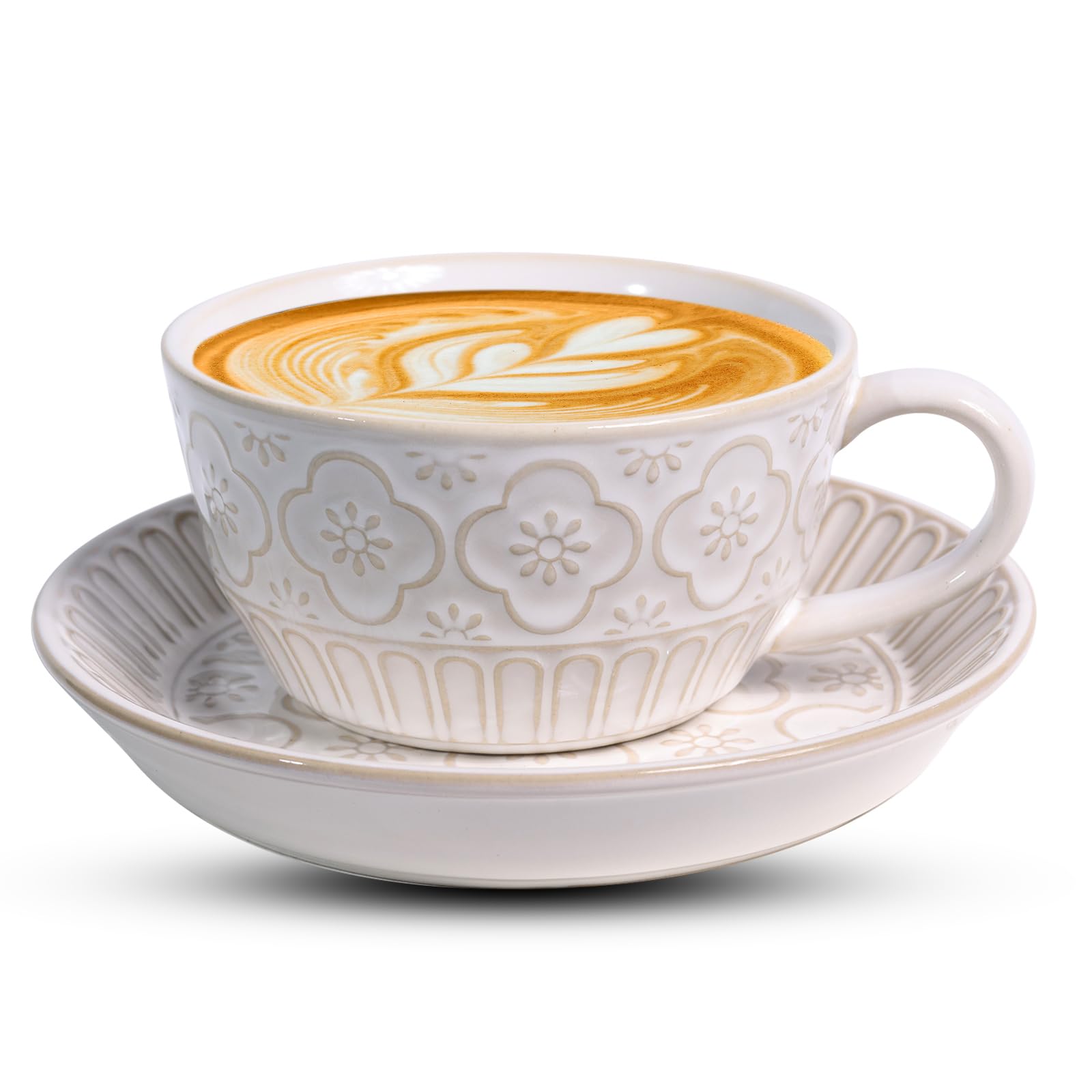 12 OZ Latte Cup with Saucer, Cappuccino Cup Vintage Cafe Art Cups for Espresso Turkish Coffee, Farmhouse Latte Mugs Tea Cups and Saucers Porcelain Set for Christmas Thanksgiving Day Gift - Crema Peaks Coffee