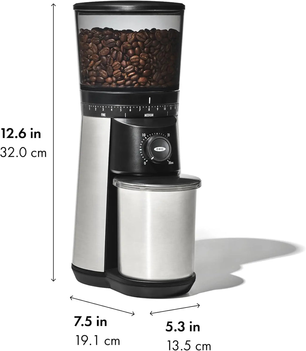 OXO Brew Conical Burr Coffee Grinder - Silver, Stainless Steel Burrs, One-Touch Automatic Smart Grind - Crema Peaks Coffee