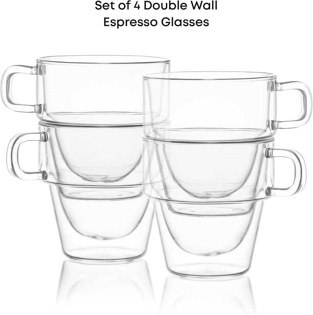 Double Wall Insulated Espresso Glass Cups by JoyJolt Stoiva – 5 oz. (150 ml) Shot Cup with Handle – Stackable Thermal Clear Glass Cups, Fit for Espresso Machine and Coffee Maker – Set of 4 - Crema Peaks Coffee